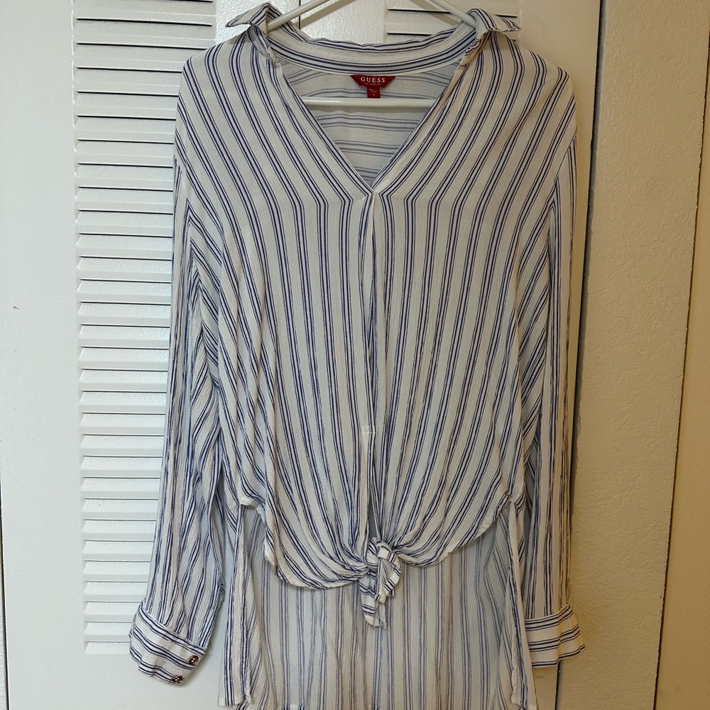 Guess Tie Sleeve Striped Blouse Blue And White Women’s Size S